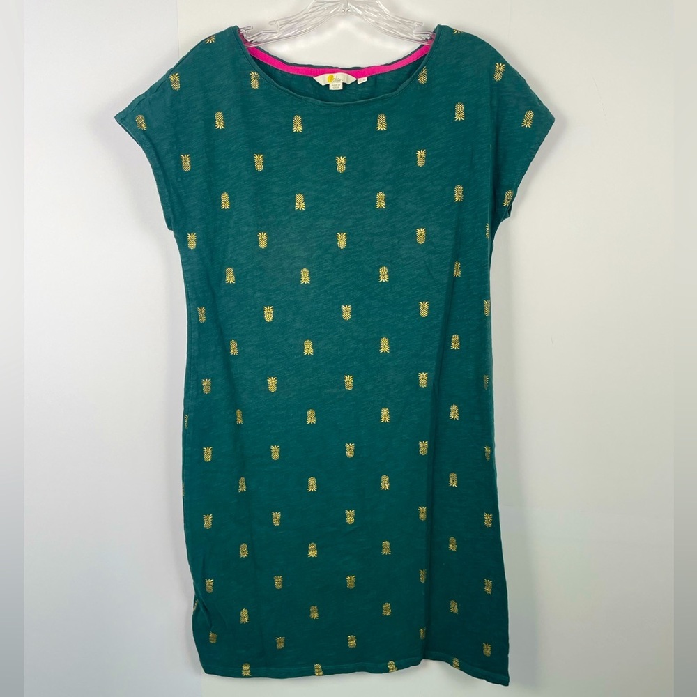Boden Green Gold Pineapple Print T-shirt Dress 100% Cotton Size 6L